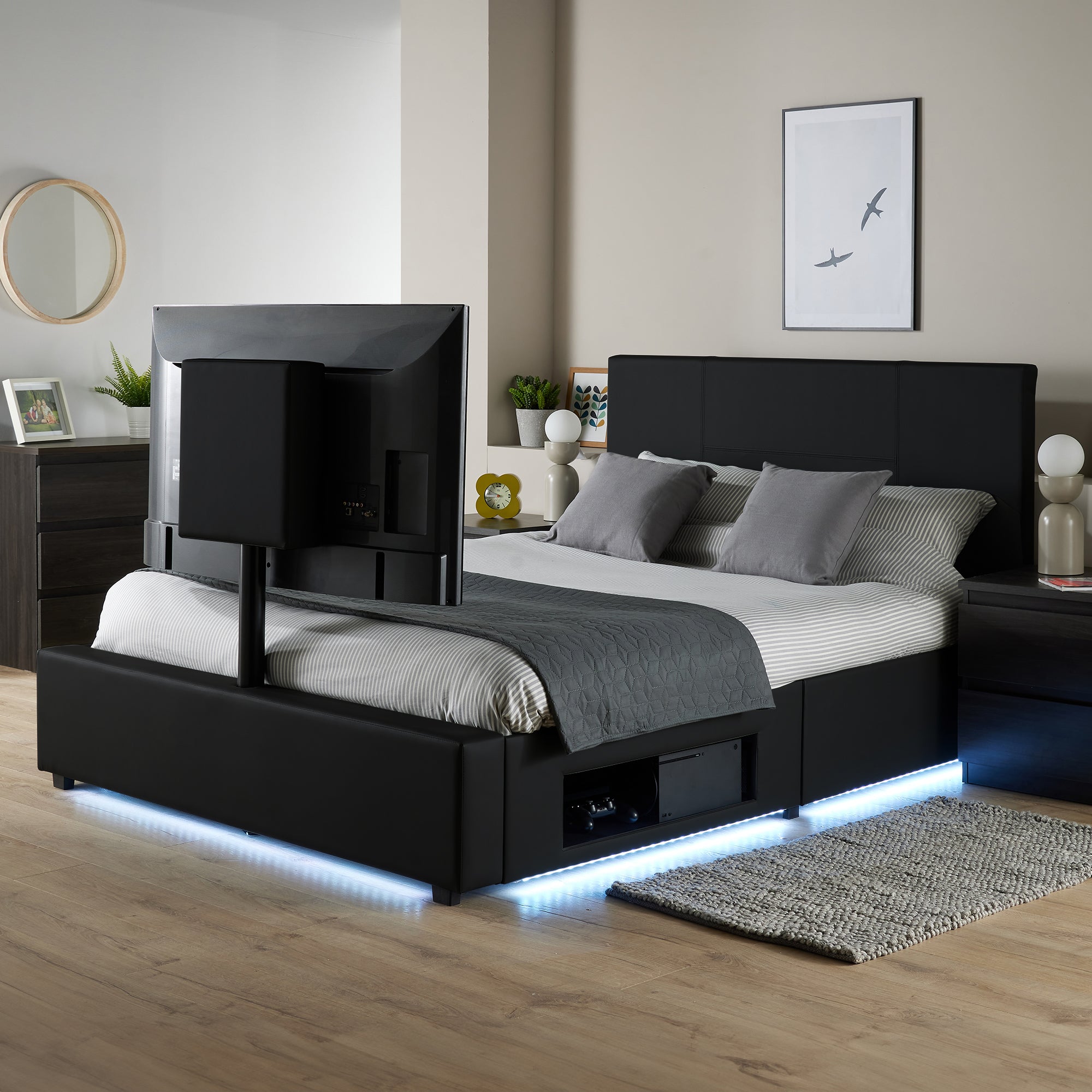 Ava Upholstered TV Bed with LED Lights - Black (4 Sizes)