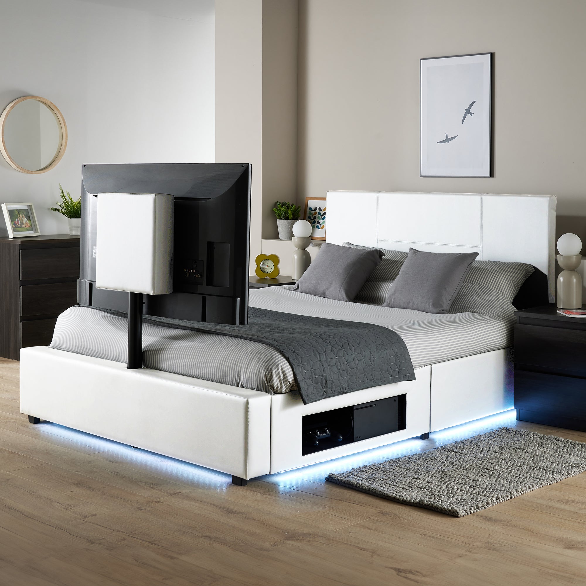 Ava Upholstered TV Bed with LED Lights - White (4 Sizes)