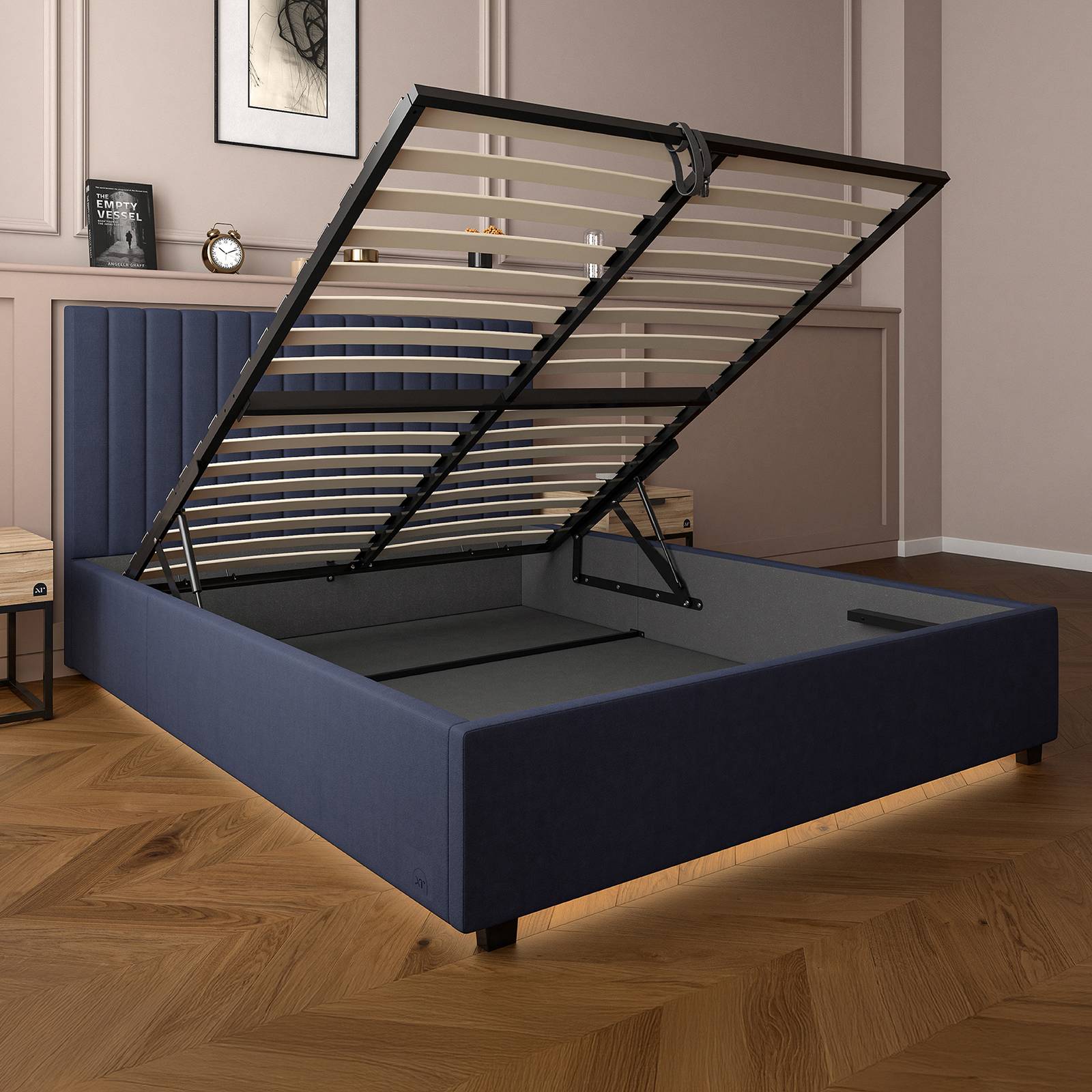 Maisie Upholstered Ottoman Bed with LED Lighting - Navy Blue (2 Sizes)