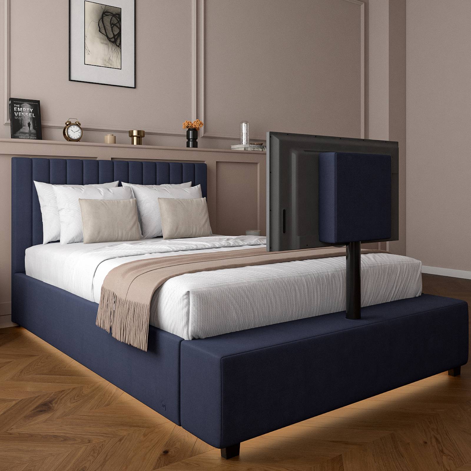 Maisie Upholstered Ottoman TV Bed with LED Lighting - Navy Blue (2 Sizes)