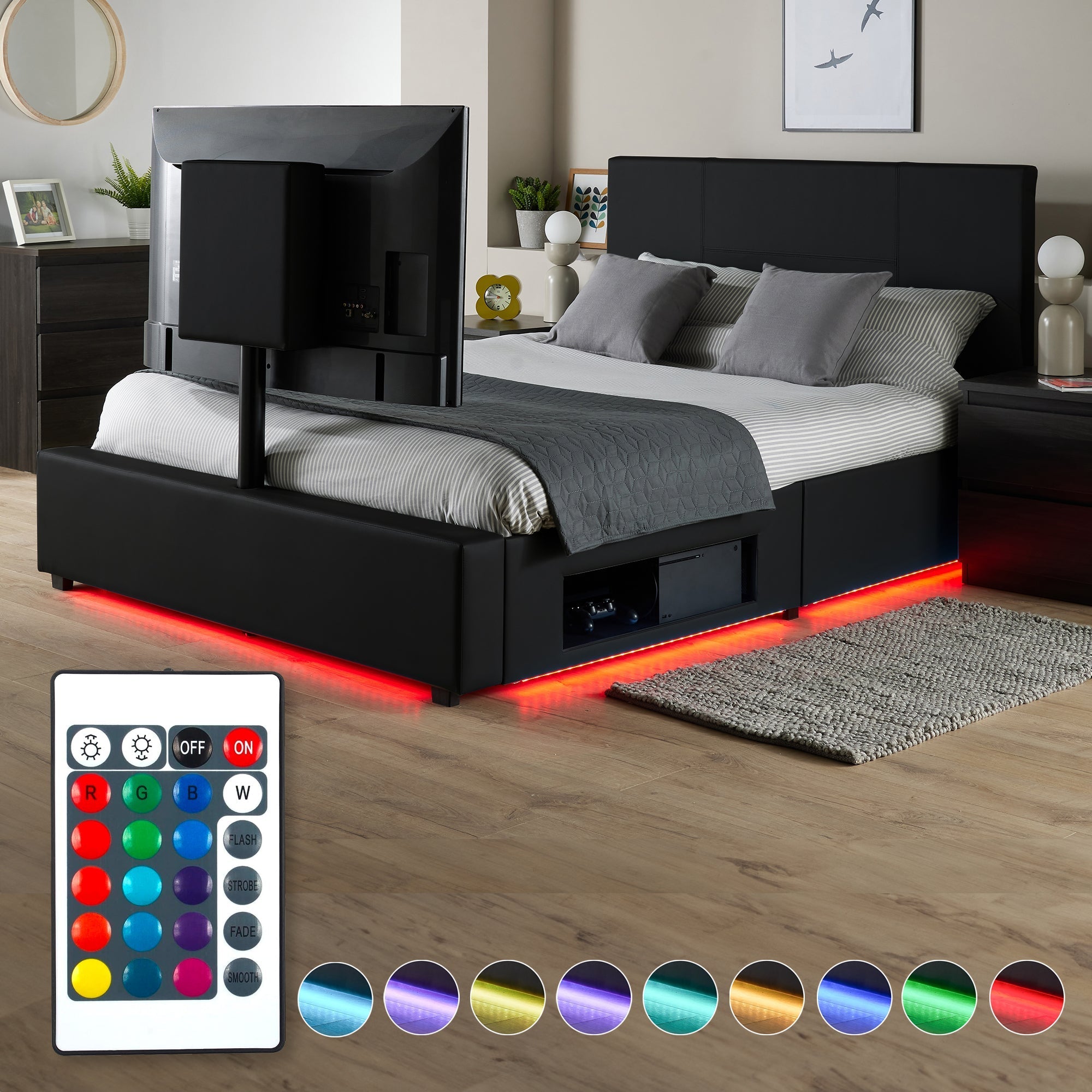 Ava Upholstered TV Bed with LED Lights - Black (4 Sizes)