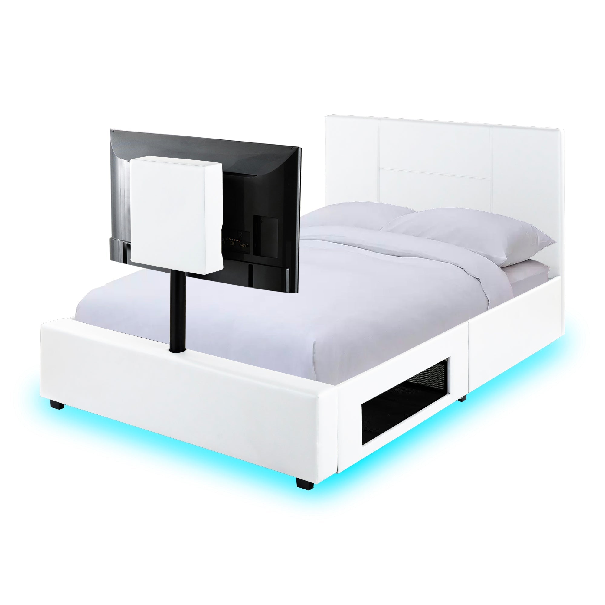 Ava Upholstered TV Bed with LED Lights - White (4 Sizes)