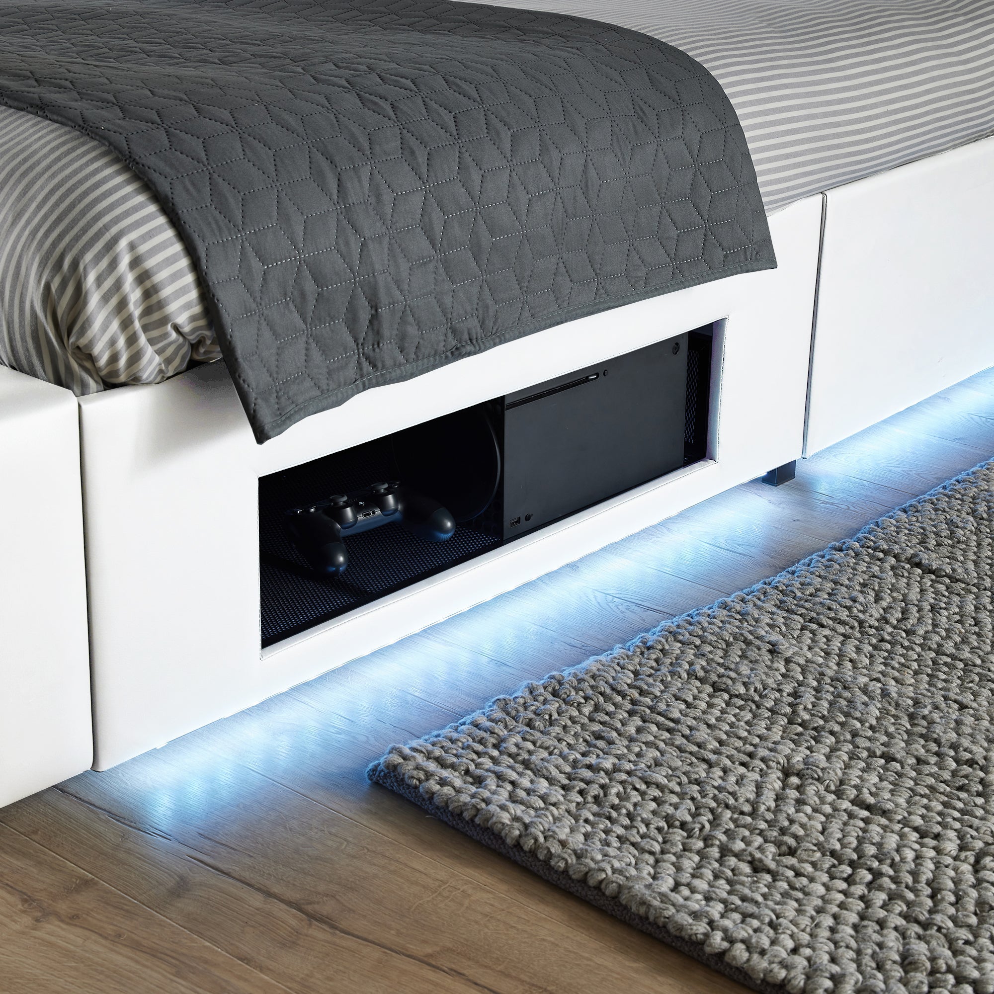 Ava Upholstered TV Bed with LED Lights - White (4 Sizes)