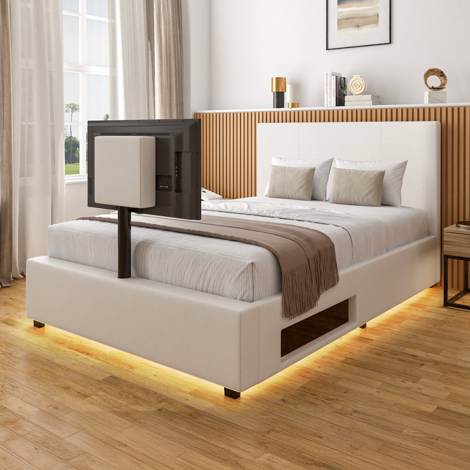 Ava Upholstered TV Bed with LED Lights - White (4 Sizes)