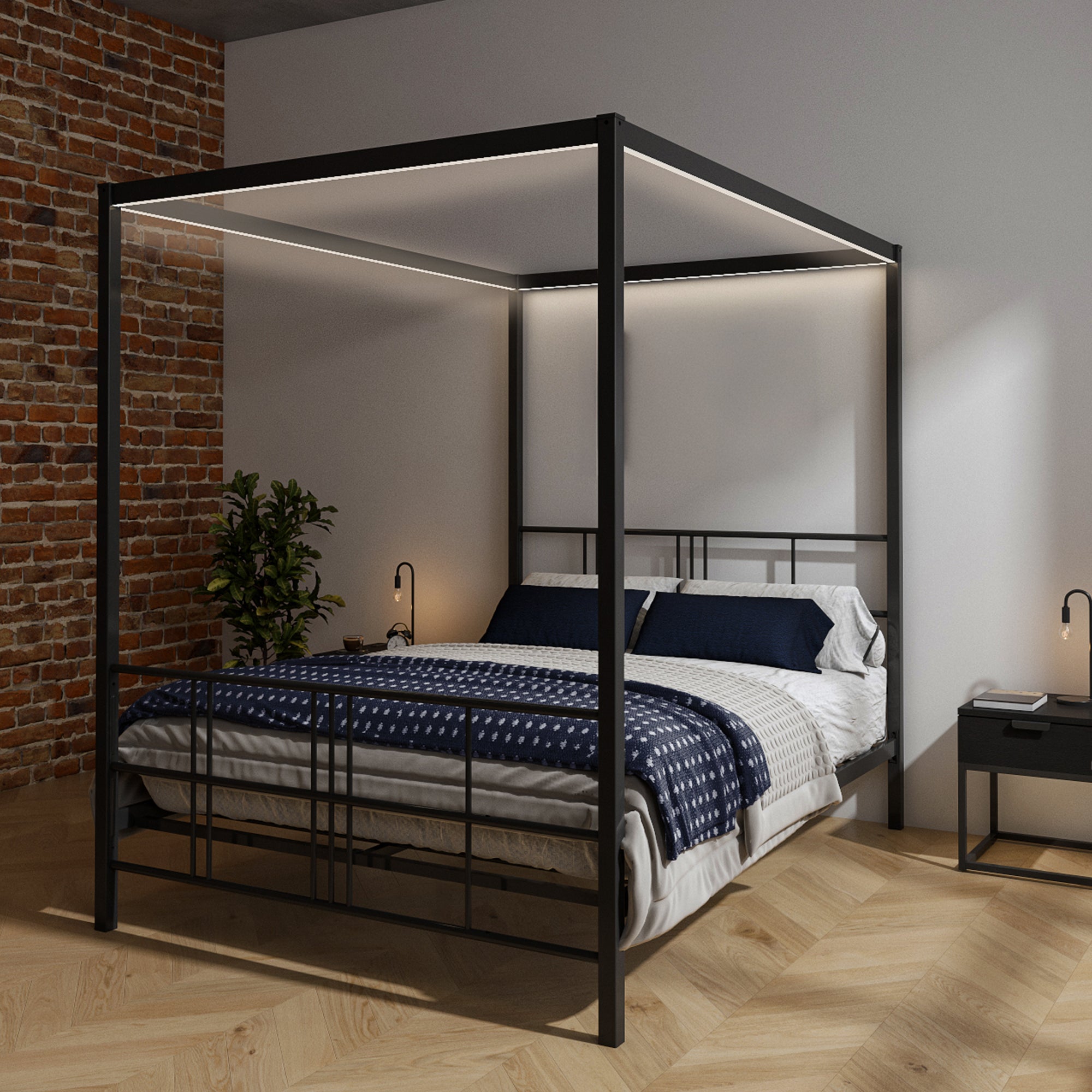 Fern Four Poster Double Bed with LED Lighting - Black