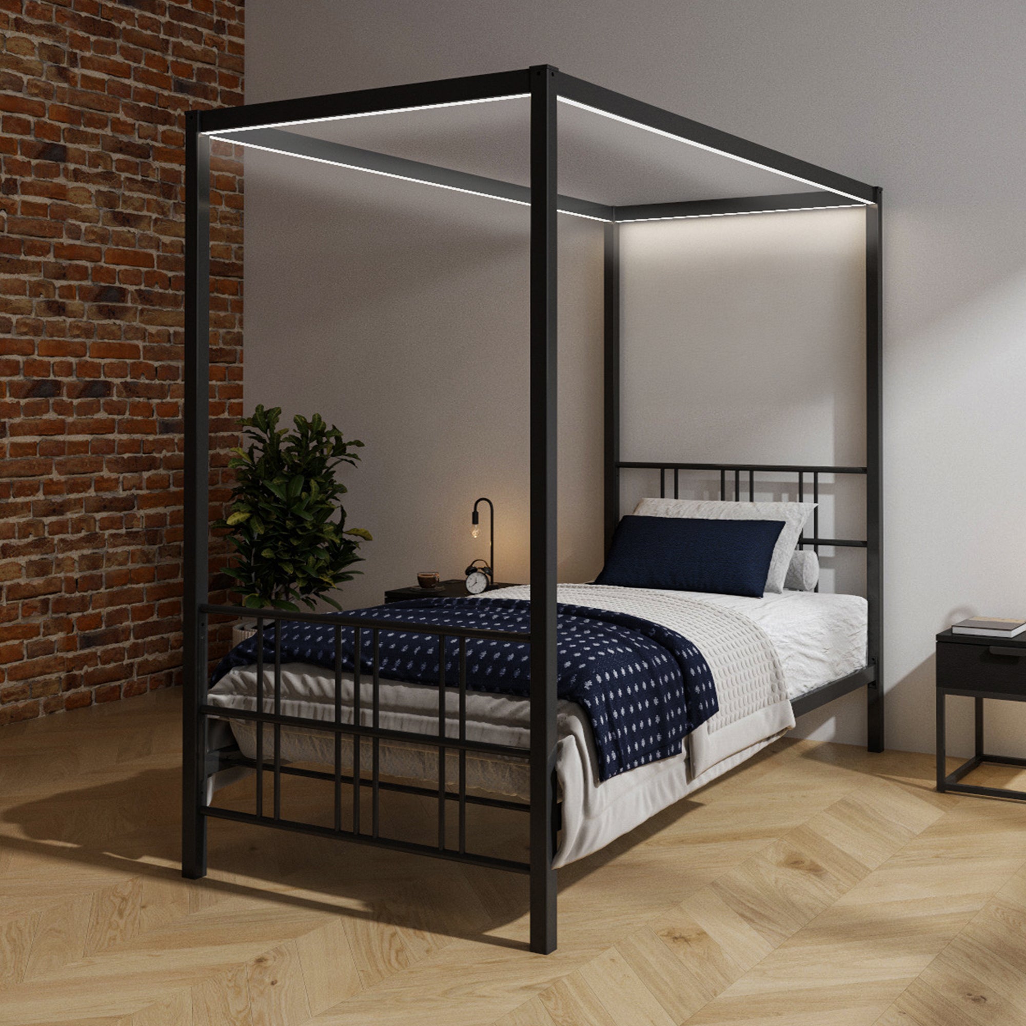 Fern Four Poster Single Bed with LED Lighting - Black