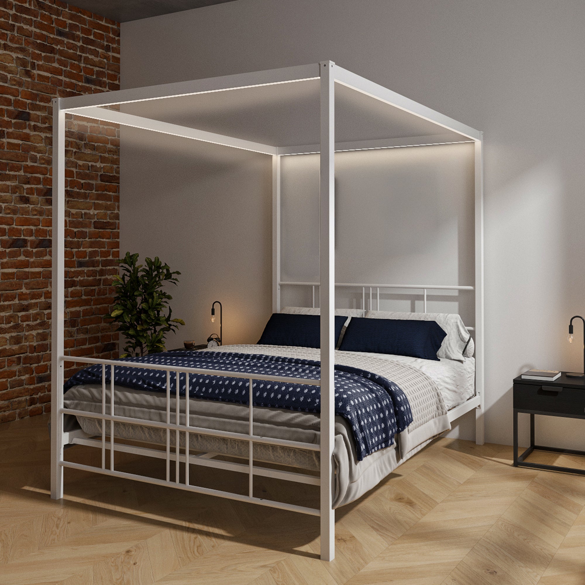 Fern Four Poster Double Bed with LED Lighting - White