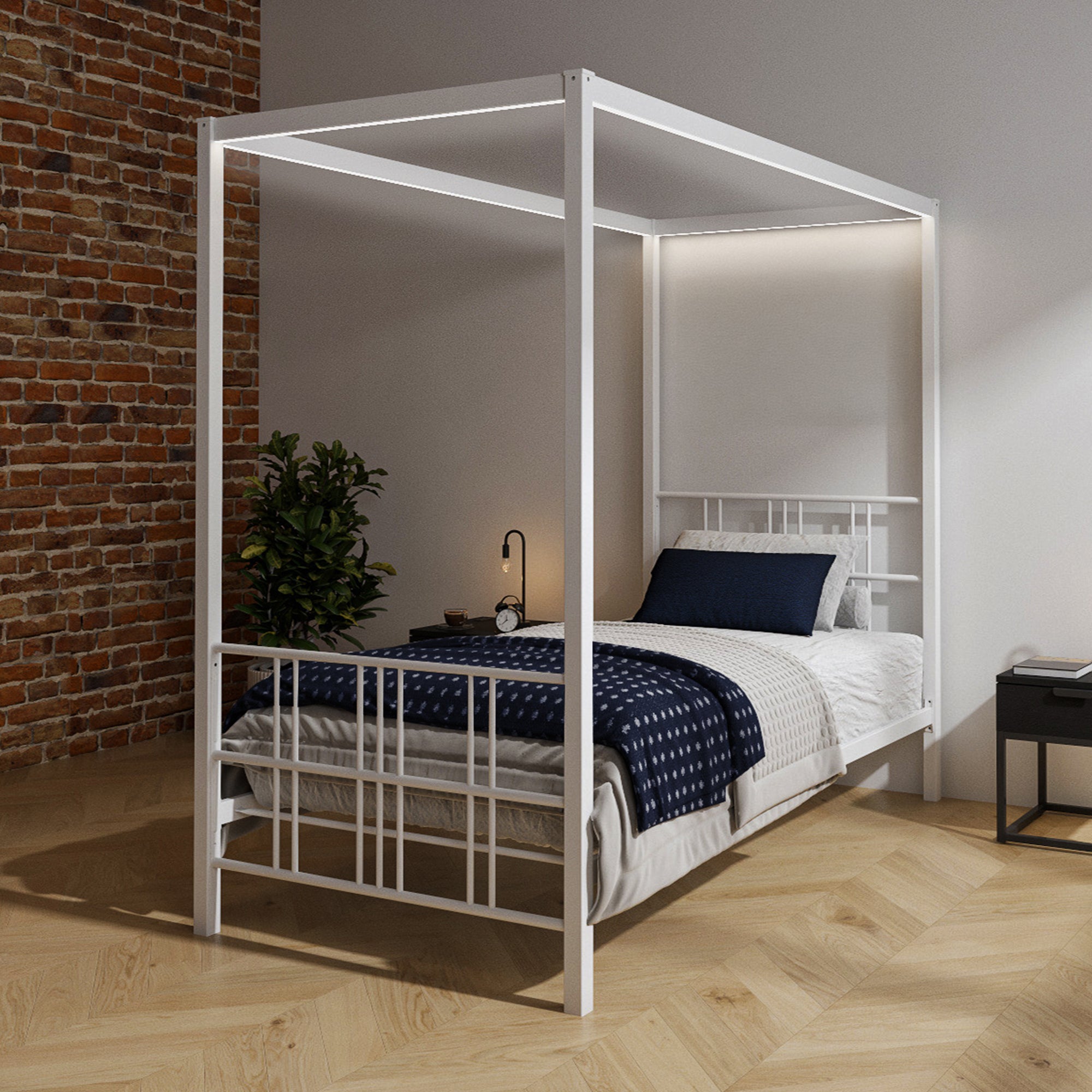 Fern Four Poster Single Bed with LED Lighting - White