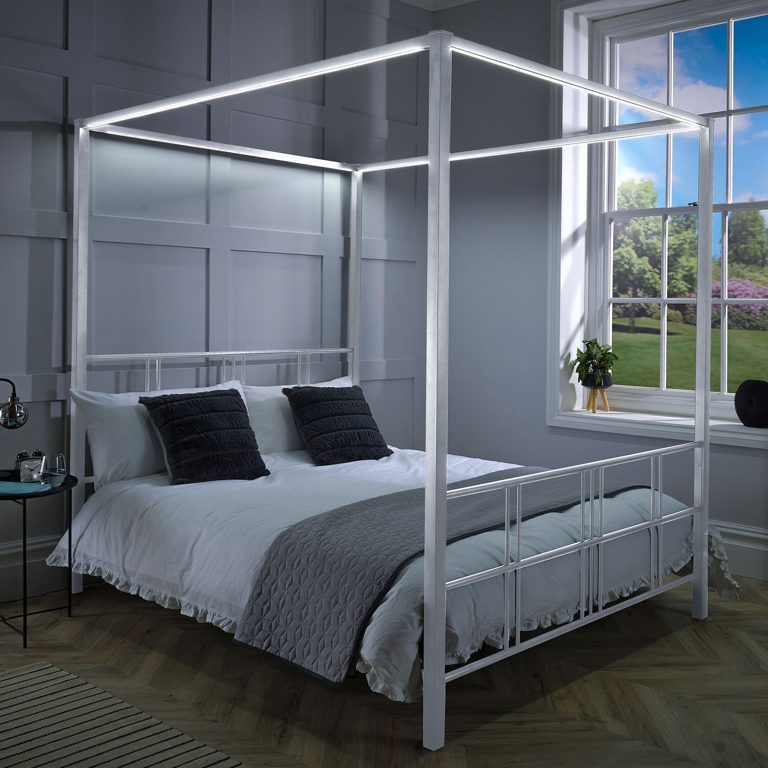 Fern Four Poster Double Bed with LED Lighting - White