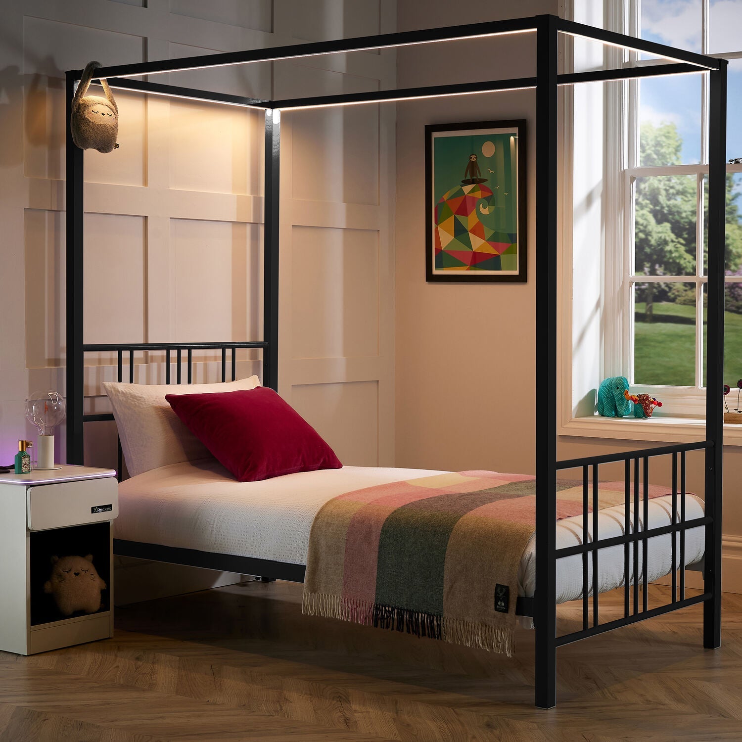 Fern Four Poster Single Bed with LED Lighting - Black