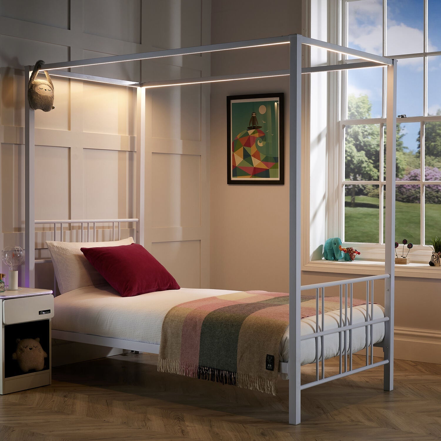 Fern Four Poster Single Bed with LED Lighting - White