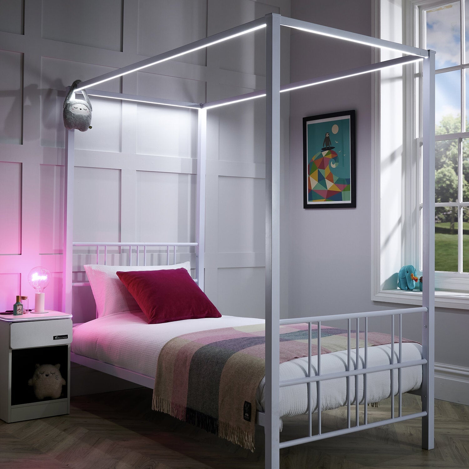 Fern Four Poster Single Bed with LED Lighting - White