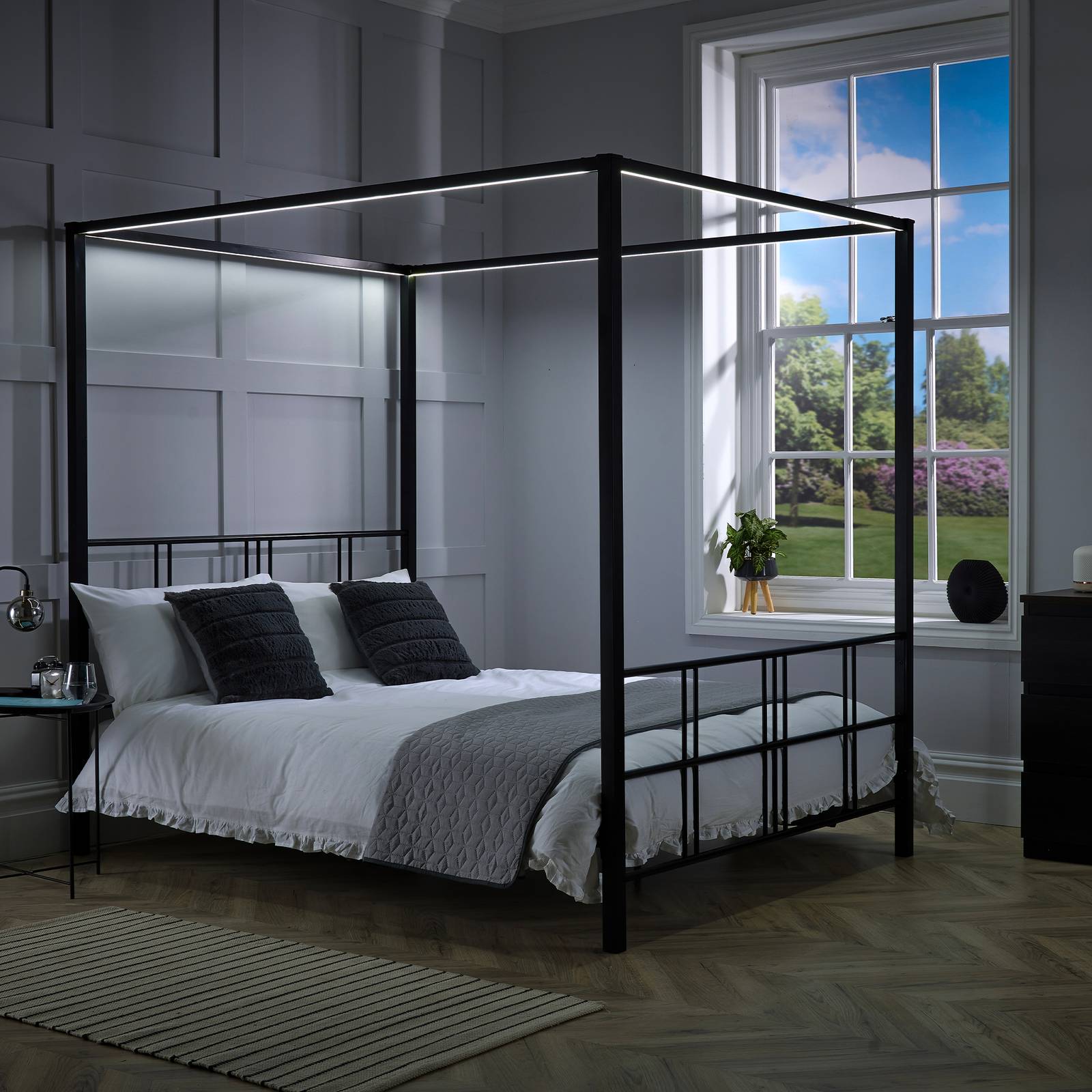 Fern Four Poster Double Bed with LED Lighting - Black